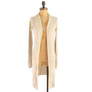 Leith Open Longline Cardigan Sweater Top M/L Rib Knit Oatmeal Beige Repaired B24